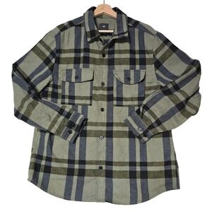H&M Mens Plaid Heavy Flannel Shirt Jacket Green Button Up Size L Outdoors Warm